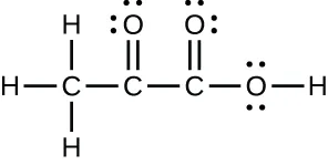 Se muestra una estructura de Lewis. Un átomo de carbono está unido a tres átomos de hidrógeno y a un átomo de carbono. El átomo de carbono está unido a un átomo de oxígeno y a un tercer átomo de carbono. Este carbono está unido con enlace simple a dos átomos de oxígeno, uno de los cuales está unido a un átomo de hidrógeno. Cada átomo de oxígeno tiene dos pares solitarios de electrones.