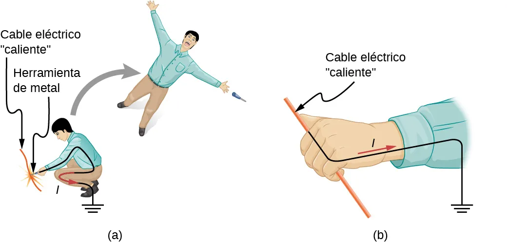 La parte a muestra a una persona lanzada hacia atrás tras tocar un cable eléctricamente caliente. La parte b muestra la mano de la persona que toca el cable eléctricamente caliente.