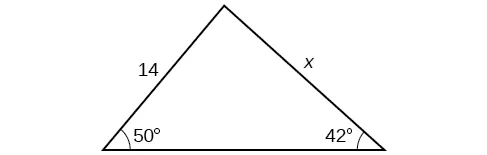 Un triángulo. Un ángulo es de 50 grados con el lado opuesto = x. Otro ángulo es de 42 grados con el lado opuesto = 14.