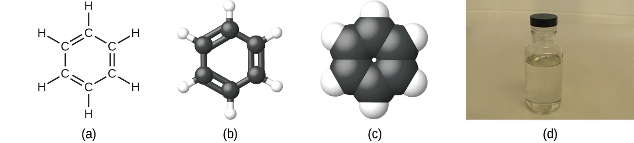 La figura A muestra que el benceno está compuesto por seis carbonos con forma de hexágono. Cualquier otro enlace entre los átomos de carbono es un doble enlace. Cada carbono tiene también un único átomo de hidrógeno enlazado. La figura B muestra un dibujo tridimensional de barras y esferas del benceno. Los seis átomos de carbono son esferas negras, mientras que los seis átomos de hidrógeno son esferas blancas más pequeñas. La figura C es un modelo de espacio lleno del benceno que muestra que la mayor parte del espacio interior está ocupado por los átomos de carbono. Los átomos de hidrógeno están incrustados en la superficie exterior de los átomos de carbono. La figura d muestra un pequeño vial lleno de benceno que parece ser transparente.