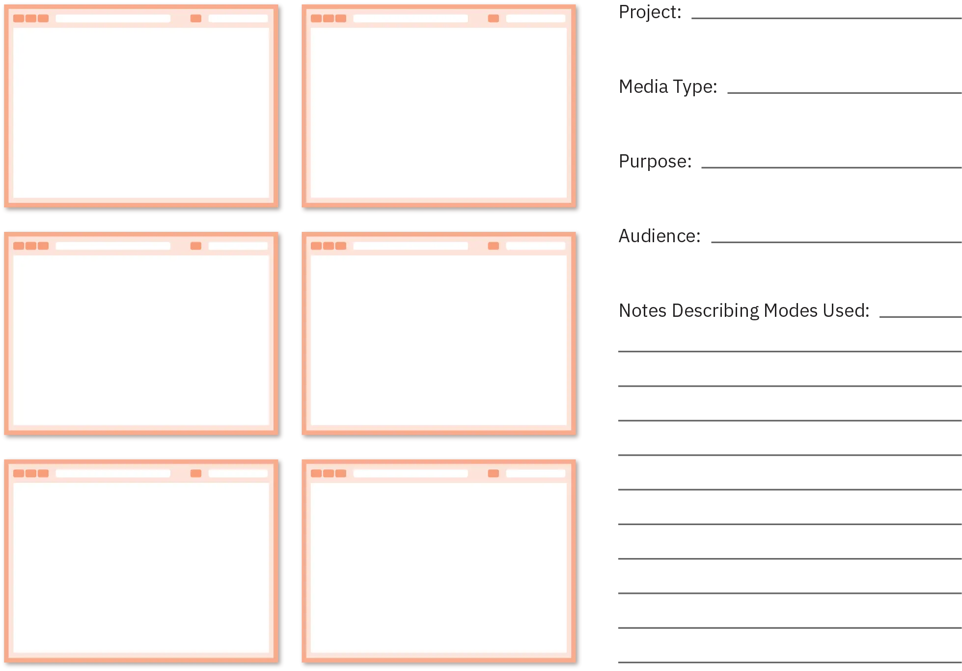 Six empty web pages, with a form showing fields where data can be entered for the project, media type, purpose, audience, and the notes describing the modes used