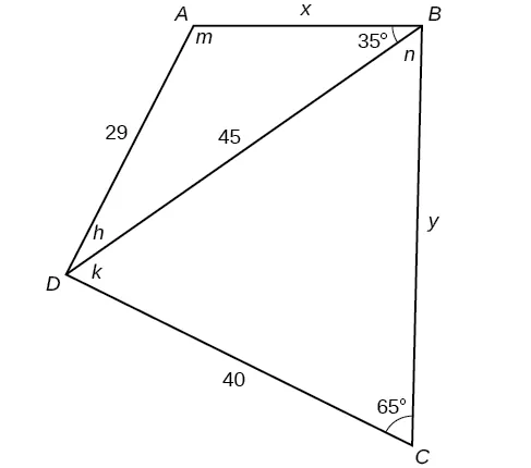 Un cuadrilátero con vértices A, B, C y D. Hay una diagonal del vértice B al vértice D de longitud 45. El lado A B es x, el lado B C es y, el lado C D es de 40, y el lado D A es de 29. El ángulo A es m grados, el ángulo C es de 65 grados, el ángulo A B D es de 35 grados, el ángulo D B C es n grados, el ángulo B D C es k grados y el ángulo A D B es h grados.