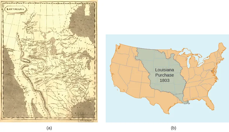 Map (a) shows the territory added to the United States in the Louisiana Purchase as the mapmakers of the time envisioned it. Map (b) shows the modern United States, with the land acquired in the Louisiana Purchase shaded, a huge chunk of the middle of the country.