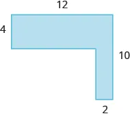 An image of an attached horizontal rectangle and a vertical rectangle is shown. The top is labeled 12, the side of the horizontal rectangle is labeled 4. The side is labeled 10, the width of the vertical rectangle is labeled 2.