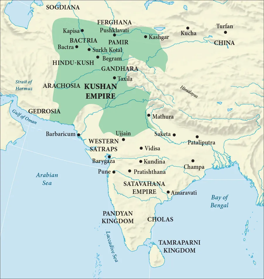 A map is shown of China on the eastern side of the map and land going west and south from there. The Gulf of Oman, the Arabian Sea, the Laccadive Sea, and the Bay of Bengal are shown along the bottom of the map. There is an arrow shaped area west of China highlighted green in the northwest portion of the map labeled “Kushan Empire.” Within the green area there are areas labeled from north to south: Bactria, Pamir, Hindu-Kush, Gandhara, and Arachosia. Cities labeled within this area from north to south are: Kapisa, Pushklavati, Kashgar, Bactra, Surkh Kotal, Begram, and Taxila. Above the green highlighted area there are two labels for “Sogdiana” and “Ferghana. To the east in China the cities of Kucha and Turfan are labeled. West of the green area is a label for “Gedrosia.” South of the highlighted area are the labels for: Western Satraps, Satavahana Empire, Pandyan Kingdom, Cholas, and on an island at the southern part of the map in the Bay of Bengal there is a label for Tamraparni Kingdom. South of the green area the following cities are labeled, from north to south: Mathura, Barbaricum, Ujjain, Saketa, Pataliputra, Vidisa, Barygaza, Kundina, Champa, Pune, Pratishthana, and Amaravati.