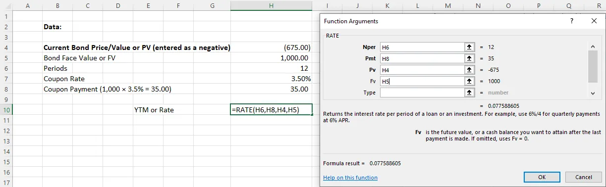 A screenshot of the Function arguments window, where parameters to calculate the rate value function are entered according to the data in the Excel sheet.