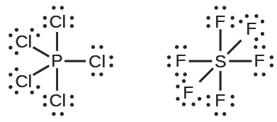 Se muestran dos estructuras de Lewis. La izquierda muestra un átomo de fósforo unido con enlace simple a cinco átomos de cloro, cada uno con tres pares solitarios de electrones. La derecha muestra un átomo de azufre unido con enlace simple a seis átomos de flúor, cada uno con tres pares solitarios de electrones