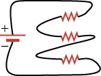 A circuit shows positive terminal of a voltage source connected to one end of a resistor. The other end of the resistor is connected to a second resistor, which is in turn is connected to a third resistor. Finally, the third resistor is connected to the negative terminal of the voltage source.