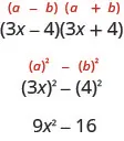 We have open parentheses 3x minus 4 close parentheses open parentheses 3x plus 4. This is of the form a minus b, a plus b. We rewrite as open parentheses 3x close parentheses squared minus 4 squared. Here, 3x is a and 4 is b. This is equal to 9 x squared minus 16.