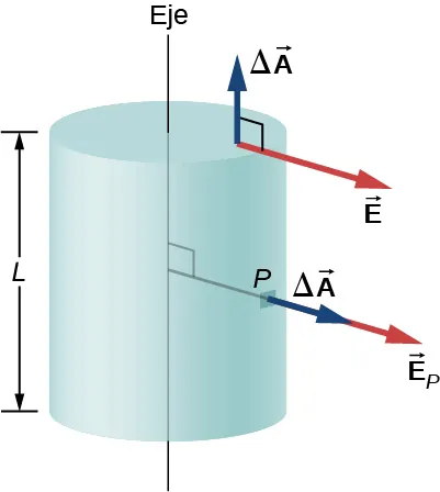 La figura muestra un cilindro de longitud L. Una línea perpendicular al eje conecta el eje con el punto P de la superficie del cilindro. Una flecha marcada como vector delta A apunta hacia fuera de P en la misma dirección que la línea. Otra flecha marcada como vector E subíndice P se origina en la punta de la primera flecha y apunta en la misma dirección. Una tercera flecha marcada como vector delta A apunta hacia fuera de la superficie superior del cilindro, perpendicular a él. Una flecha marcada vector E se origina en la base de la tercera flecha y es perpendicular a ella.