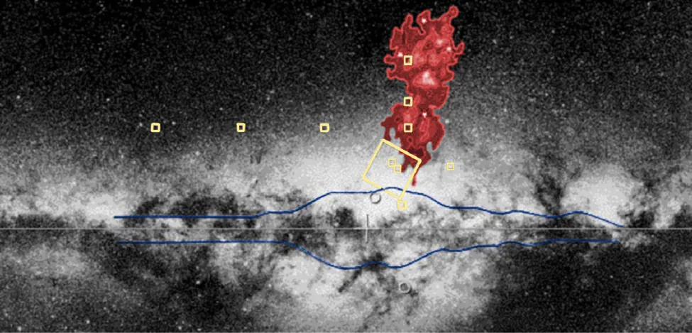 Sagittarius Dwarf Galaxy. Superimposed on this greyscale image of the galactic center a contour map of the dwarf galaxy is drawn in red above and slightly to the right of center. The white stars in the contour map mark the locations of several globular clusters contained within the dwarf galaxy. The cross marks the center of the Milky Way. The horizontal line corresponds to the galactic plane. The blue outline on either side of the galactic plane corresponds to Herschel’s diagram of the Milky Way. The boxes mark regions where detailed studies of individual stars led to the discovery of this galaxy.