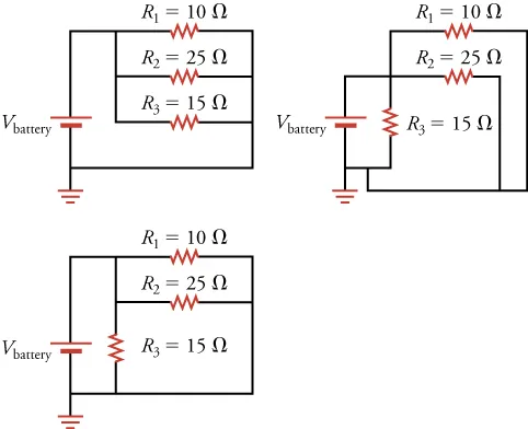 Three equivalent circuit diagrams are shown, each with three resistors connected in parallel.