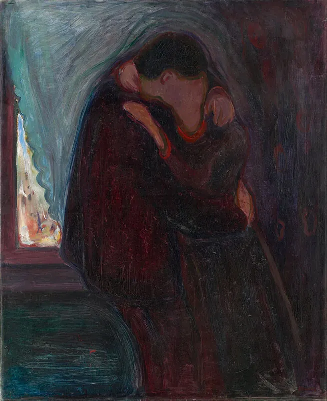The painting, “The Kiss” 1887, was created by Norwegian artist Edvard Munch (1863–1944).