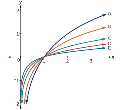 Graph of five logarithmic functions.