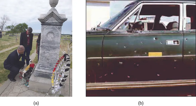 Image A is of three people placing a wreath of flowers in front of a stone monument. Image B is of the side of a truck which is riddled with bullet holes.