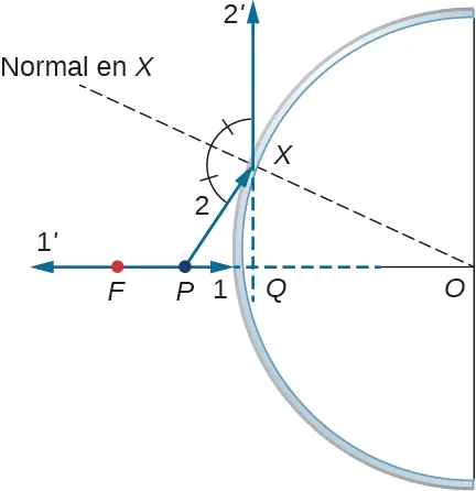 La figura muestra un espejo convexo con el punto P situado entre el punto F y el espejo en el eje óptico. El rayo 1 se origina en P, viaja a lo largo del eje y choca con el espejo. El rayo reflejado 1 primo viaja hacia atrás a lo largo del eje. El rayo 2 se origina en P y choca con el espejo en el punto X. El ángulo formado por el rayo reflejado 2 primo y PX es bisectado por OX, la normal en X. Las proyecciones hacia atrás de 1 primo y 2 primo se cruzan en el punto Q, justo detrás del espejo.