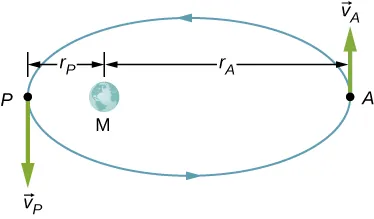 Ilustracja eliptycznej orbity przeciwnej do ruchu wskazówek zegara. Główna oś jest pozioma, a masa M znajduje się w lewym, centralnym punkcie ogniska. Pozycja A znajduje się w najbardziej wysuniętej dookoła krawędzi elipsy, odległość r sub A na prawo od masy M. Prędkość w punkcie A to wektora v podpunkt A i jest w górę. Pozycja P znajduje się na lewym końcu krawędzi elipsy, odległość r podp do lewej masy M. Prędkość w punkcie P jest wektorem v pod P i jest skierowana w dół.