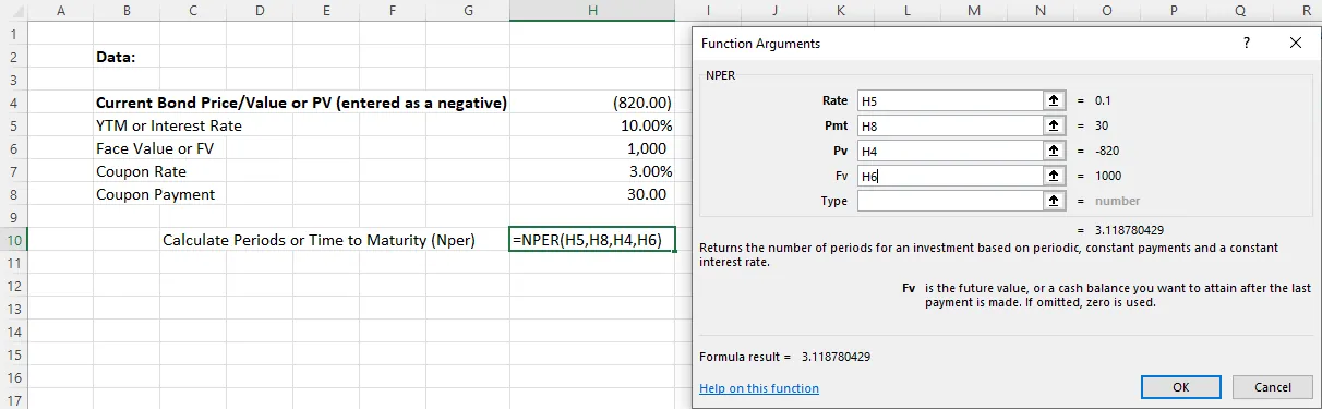 A screenshot of the Function arguments window, where parameters to calculate the NPER value function are entered according to the data in the Excel sheet.