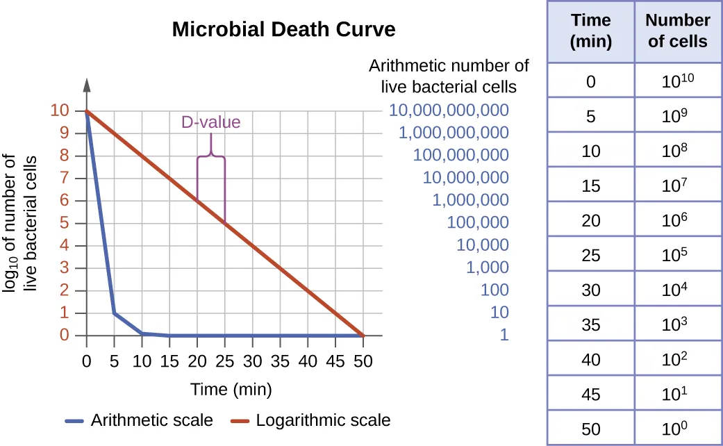 A table showing a decrease in number as microbial cells die. At time 0 there are 10 to the 10 cells. At time 5 there are 10 to the 9 cells. At time 10 there are 10 to the 8 cells.  At time 15there are 10 to the 7 cells. At time 20 there are 10 to the 6 cells. At time 25 there are 10 to the 5 cells. At time 30 there are 10 to the 4 cells. At time 35 there are 10 to the 3 cells. At time 40 there are 10 to the 2 cells. At time 45 there are 10 to the 1 cells. At time 50 there are 10 to the 0 cells. A graph titled microbial death curve. The X axis is time and the Y axis is number of cells. Two lines indicate what this graph looks like using an arithmetic and logarithmic scale. Both lines begin at 10 to the 10 at time 0. The arithmetic scale drops quickly and is indistinguishable from 0 by 10 minutes. The logarithmic scale slopes at a clean diagonal. The D value is shown as the time it takes to move from 10 to the 6 to 10 to the 5; this occurs in 5 minutes.