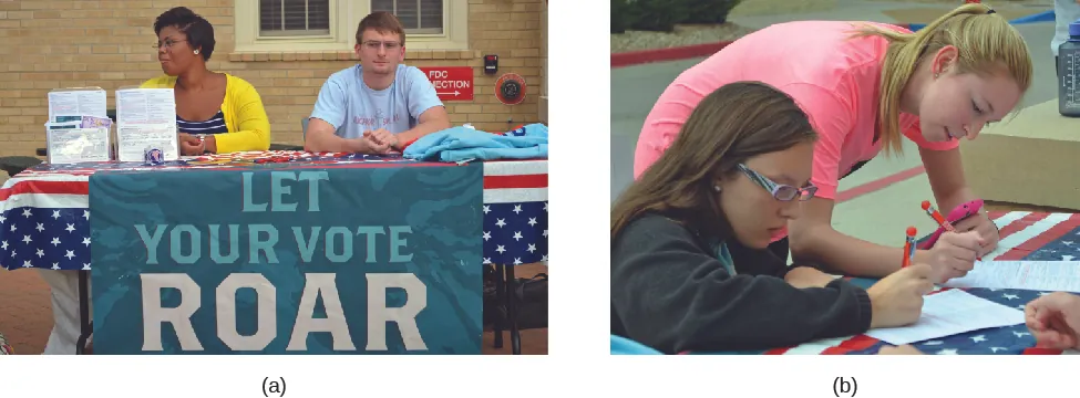 Image A is of two people sitting behind a table. A cloth sign hanging in front of the table reads “Let your vote roar”. Image B is of two people filling out forms.