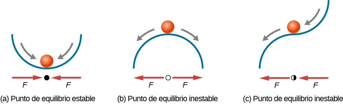 Tres ilustraciones de una pelota sobre una superficie. En la figura a, punto de equilibrio estable, la pelota está dentro de una superficie cóncava hacia arriba, en la parte inferior. Un círculo relleno debajo de la superficie, por debajo de la pelota, tiene dos flechas horizontales identificadas como F que señalan hacia ella desde cualquier lado. Las flechas grises tangentes a la superficie se muestran dentro de la superficie, y señalan hacia abajo de la pendiente, hacia la posición de la pelota. En la figura b, punto de equilibrio inestable, la pelota está encima de una superficie cóncava hacia abajo, en la parte superior. Un círculo vacío debajo de la superficie, por debajo de la pelota, tiene dos flechas horizontales identificadas como F que señalan hacia afuera desde cualquier lado. Las flechas grises tangentes a la superficie se muestran dentro de la superficie, y señalan hacia abajo de la pendiente, lejos de la posición de la pelota. En la figura c, punto de equilibrio inestable, la pelota está en el punto de inflexión de una superficie. Un círculo medio lleno debajo de la superficie, por debajo de la pelota, tiene dos flechas horizontales identificadas como F, una a cada lado del círculo, ambas señalando a la izquierda. Las flechas grises tangentes a la superficie se muestran dentro de la superficie, y señalan hacia la pendiente, una hacia la pelota y la otra alejándose de ella.