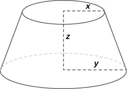 A conical frustum (that is, a cone with the pointy end cut off) with height x, larger radius y, and smaller radius x.