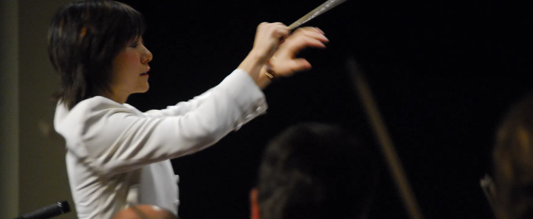 A photo shows the side view of a female orchestra conductor directing her orchestra.