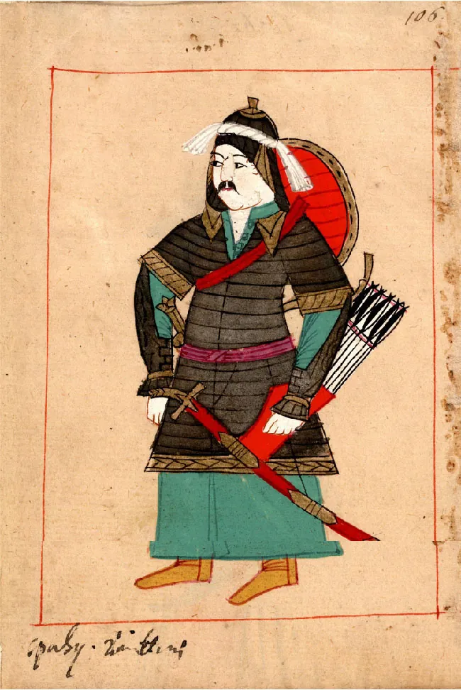 An image of a figure is shown on a pale orange background inside of a red rectangle. The figure has a full white face with sagging cheeks and a black moustache. He wears a long green shirt dress under a dark brown striped robe with light brown trim and collar. His shoes are golden and his helmet is dark and light brown with a white cloth tied around it. On his back is a red and brown shield with a red strap running across his chest. A sword in a red and brown sheath is hanging across his pelvis while the top of a sword shows at the red belt across his waist. A red quiver with white and black arrows hangs at his left waist. .