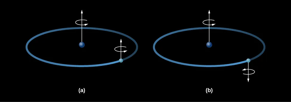 Illustration of the spin of an electron in a hydrogen atom. In (a), at left, a proton is drawn as a blue sphere in the center of an ellipse representing the orbit of the electron. An arrow is shown pointing upward from the proton indicating the proton’s spin axis. A circular arrow is drawn around the proton’s spin axis pointing to the right. A smaller blue dot is drawn on the ellipse representing the electron. An arrow is shown pointing upward from the electron indicating the electron’s spin axis. A circular arrow is drawn around the electron’s spin axis pointing to the right. Thus, in (a), the proton and electron spin in the same direction. In (b), at right, a proton is drawn as a blue sphere in the center of an ellipse representing the orbit of the electron. An arrow is shown pointing upward from the proton indicating the proton’s spin axis. A circular arrow is drawn around the proton’s spin axis pointing to the right. A smaller blue dot is drawn on the ellipse representing the electron. An arrow is shown pointing downward from the electron indicating the electron’s spin axis. A circular arrow is drawn around the electron’s spin axis pointing to the left. Thus, in (b), the proton and electron spin in opposite directions.