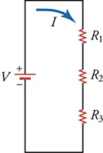 The figure shows a schematic diagram of an electric circuit with battery V connected in series to three resistors (R 1, R 2, and R 3) with current I running clockwise.