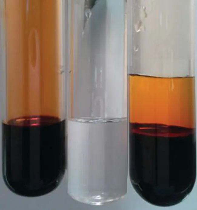 Esta figura muestra tres tubos de ensayo. El primer tubo de ensayo contiene una sustancia de color marrón anaranjado oscuro. El segundo tubo de ensayo contiene una sustancia clara. La cantidad de sustancia en ambos tubos de ensayo es la misma. El tercer tubo de ensayo contiene una sustancia marrón anaranjada oscura en el fondo y una sustancia naranja más clara en la parte superior. La cantidad de sustancia en el tercer tubo de ensayo es casi el doble que en los dos primeros.