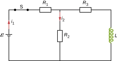 Rysunek pokazuje obwód z połączonymi szeregowo bateriami R1 i R2, epsilon i zamkniętym przełącznikiem S. R2 jest połączona równolegle z L i R3. Prąd przepływa przez R1 i R2 odpowiednio jako l1 i l2.