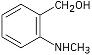 A benzene ring with C H 2 O H group on the C 1 and N H C H 3 group on the C 2 carbon is represented.
