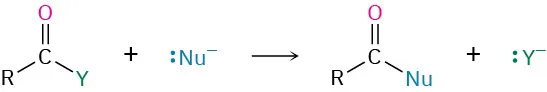 A chemical reaction shows the nucleophilic acyl substitution reaction of carboxylic acid derivative. The leaving group is denoted as Y.
