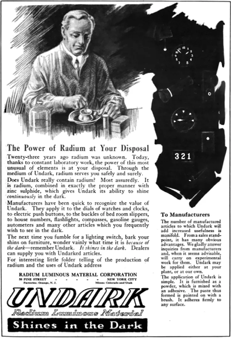 The image shows an old advertisement of radium material branded as UNDARK with the tagline “Shines in the Dark.”