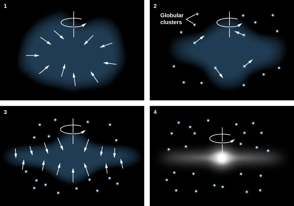 Monolithic Collapse Model for the Formation of the Galaxy. Panel 1 at upper left shows the gas cloud, drawn as a blue blob, at the beginning of its collapse. The axis of rotation (drawn in all four panels) is a vertical line above center with a counter-clockwise arrow around it indicating the direction of rotation. White arrows at the periphery of the cloud point toward the center illustrating the collapse. Panel 2 at upper right shows the gas cloud flattened a bit at the edges and thicker nearer the axis of rotation. Globular clusters are indicated as white dots outside the cloud. Panel 3 at lower left shows the cloud further flattened and continuing to collapse into a disk. Finally, panel 4 at lower right shows the galaxy much thinner, and now drawn in white to indicate that stars have formed in the disk. Globular clusters are evenly distributed around the galactic bulge.