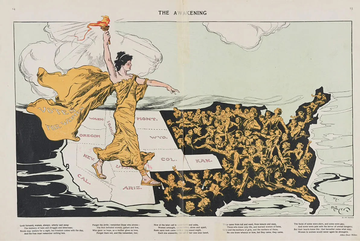 A cartoon shows a suffragist standing on a map of the United States, wearing a flowing gown that bears the words "Votes for Women." She holds a torch over the western states, which are bright and bear their state names; the rest of the nation appears as a dark abyss, from which crowds of desperate women reach up. The main figure walks toward these women, extending her other hand to them.