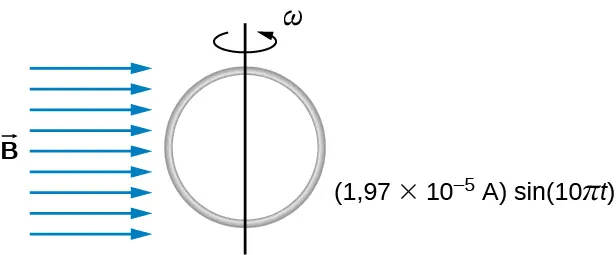 La figura muestra un bucle circular de alambre montado en un eje vertical y que gira en una región de campo magnético uniforme perpendicular al eje de rotación.