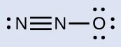 A Lewis structure is shown. A nitrogen atom with one lone pair of electrons is triple bonded to a nitrogen atom that is single bonded to an oxygen atom with three lone pairs of electrons.