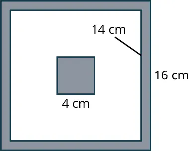 Three concentric squares. The sides of the large square measure 16 centimeters. The sides of the medium square measure 14 centimeters. The sides of the small square measure 4 centimeters. The small square is shaded. The region between the medium and large squares is shaded.