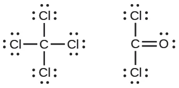Se muestran dos estructuras de Lewis. La izquierda muestra un átomo de carbono unido con enlace simple a cuatro átomos de cloro, cada uno con tres pares solitarios de electrones. La derecha muestra un átomo de carbono unido con doble enlace a un átomo de oxígeno que tiene dos pares solitarios de electrones. El átomo de carbono también está unido con enlace simple a dos átomos de cloro, cada uno de los cuales tiene tres pares solitarios de electrones.