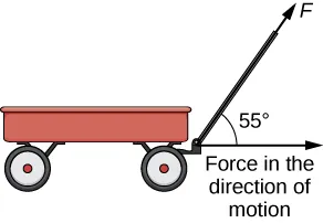 This figure is the image of a wagon with a handle. The handle is represented by the vector “F.” The angle between F and the horizontal direction of the wagon is 55 degrees.