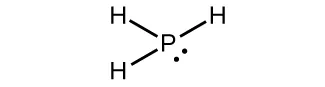 This Lewis structure shows a phosphorus atom with a lone pair of electrons single bonded to three hydrogen atoms.