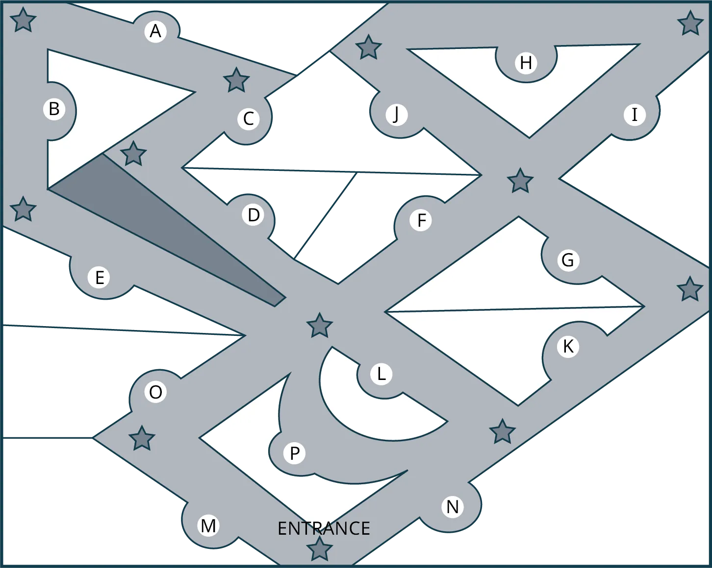 A map of zoo exhibits. The vertices are labeled A to P. The entrance is at the bottom.