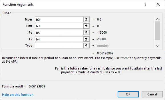 Screenshot of Completed Dialog Box for RATE Function Arguments. In the RATE section, all the empty fields are filled with the relevant cell names.