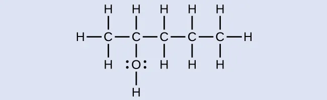 Se muestra la estructura molecular de una cadena de hidrocarburos con una longitud de cinco átomos de C. El primer átomo de C (de izquierda a derecha) está enlazado a tres átomos de H. El segundo átomo de C está enlazado a un átomo de H y a un átomo de O que también está enlazado a un átomo de H. El átomo de O tiene dos conjuntos de puntos de electrones. El tercer átomo de C está enlazado a dos átomos de H. El cuarto átomo de C está enlazado a dos átomos de H. El quinto átomo de C está enlazado a tres átomos de H. Todos los enlaces mostrados son simples.