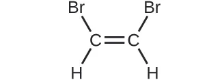 Se muestra una estructura. Dos átomos de C forman dobles enlaces entre sí. Cada átomo de C también forma un enlace simple con un átomo de H y un átomo de B r.