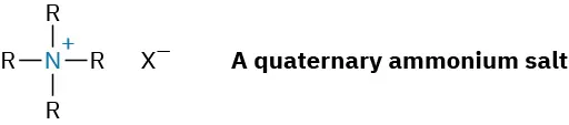 The structure of a quaternary ammonium salt, which is a nitrogen positive linked to four R groups and an X negative ion.