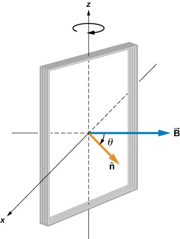 La figura muestra una bobina rectangular que gira en un campo magnético uniforme.