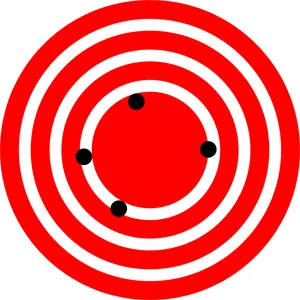 A red target is shown with four dots that are spread out around the outer center ring, or bull's eye. The dots represent attempts by a GPS system to locate a restaurant at the center of the bull’s-eye. The dots are spread out quite far apart from one another, indicating low precision, but they are each rather close to the actual location of the restaurant, indicating high accuracy.